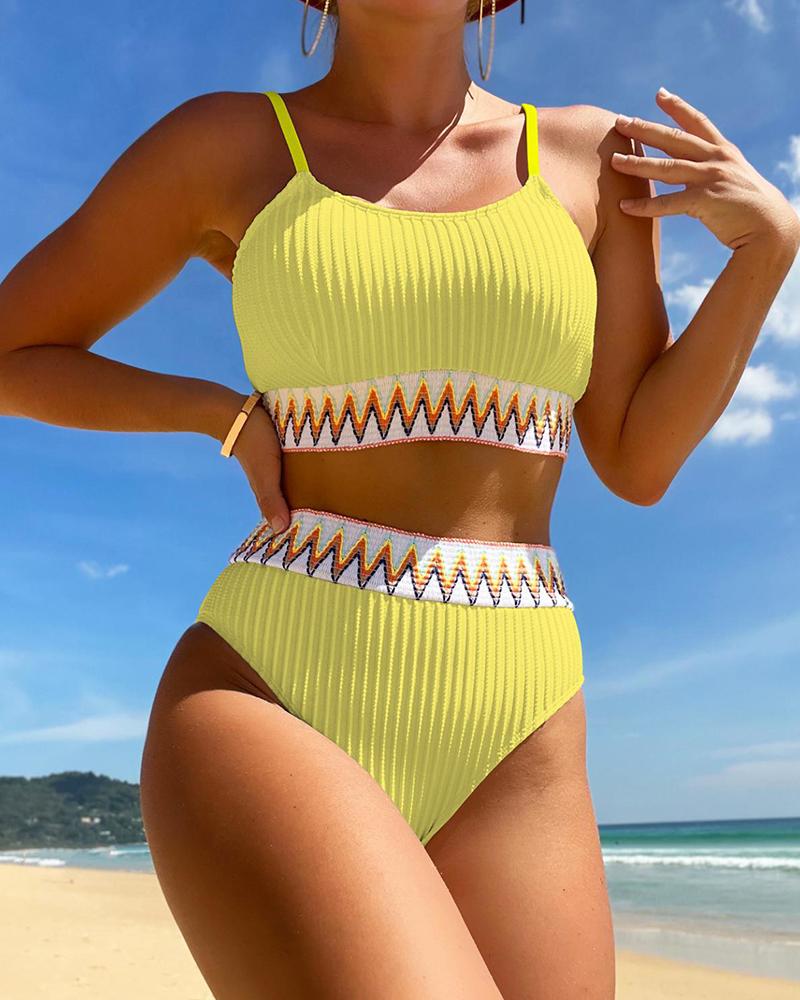 

Chevron U-Neck Textured Bikini Set, Yellow