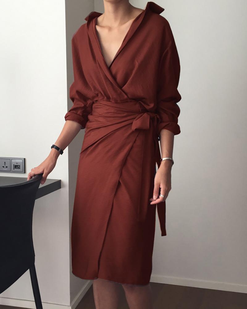 

Long Sleeve High Slit Tied Detail Dress, Red