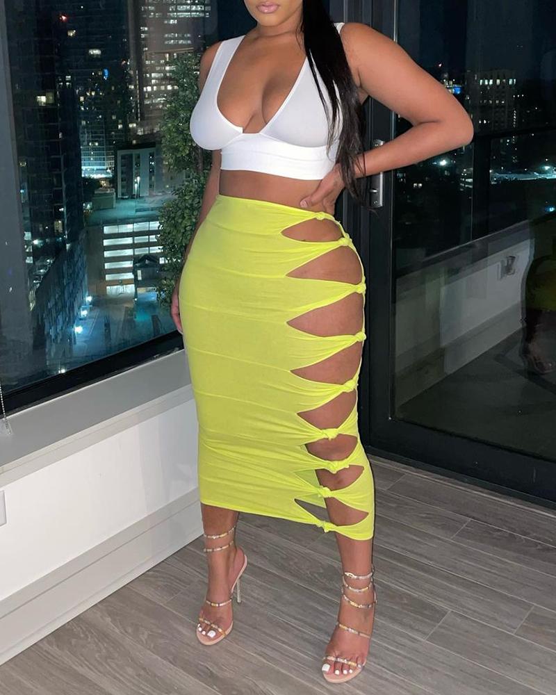 

Thick Strap Crop Top & Knotted Cutout Skirt Sets, Yellow