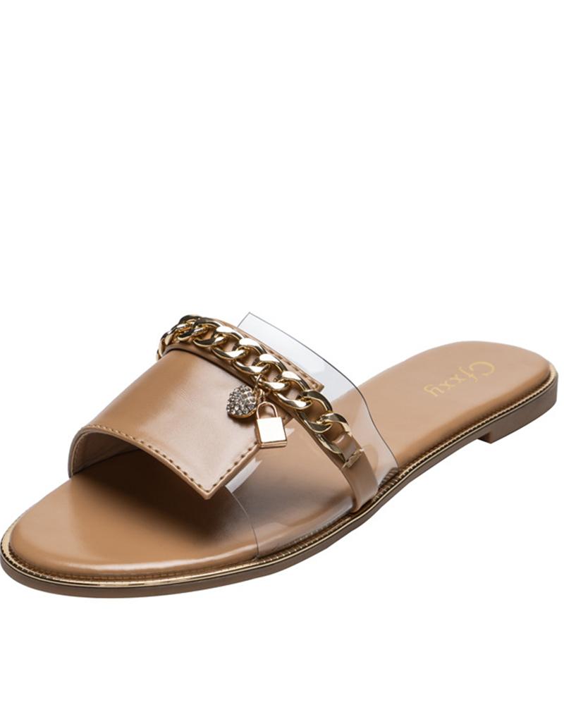 

Round Toe Patchwork With Chain Flat Slippers, Apricot