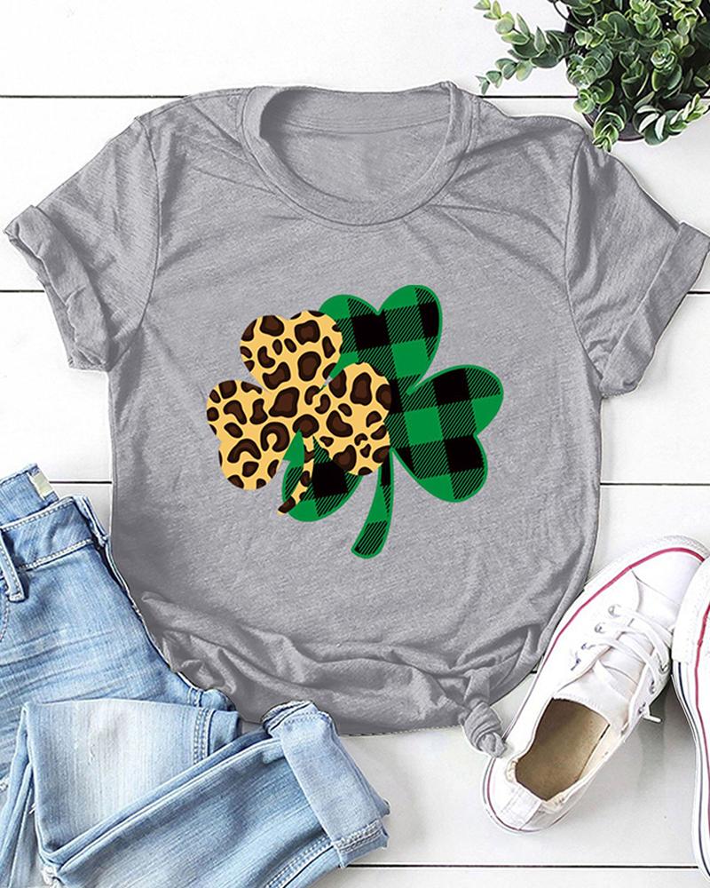 

St.Patrick' Day Clover Print Short Sleeve T-Shirt, Gray