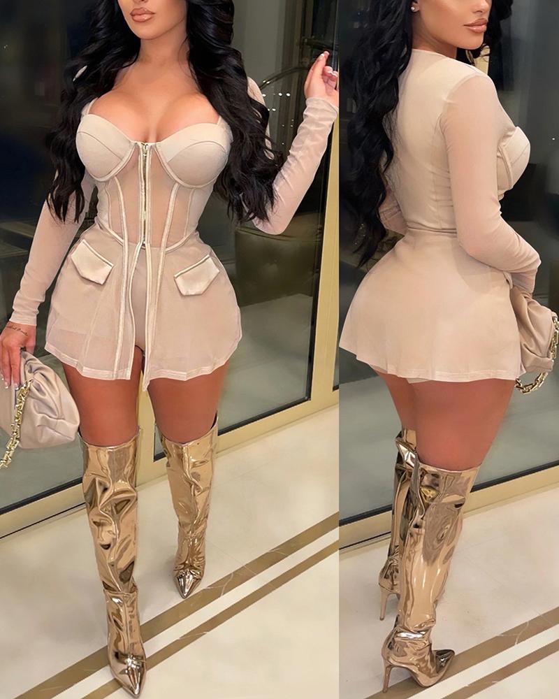 

Sheer Mesh Zipper Design Top & Shorts Set, Nude