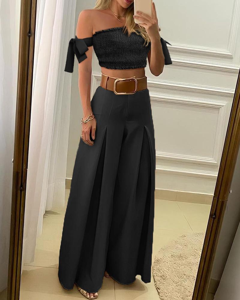 

Off Shoulder Tied Detail Crop Top & Wide Leg Ruched Pants Set, Black