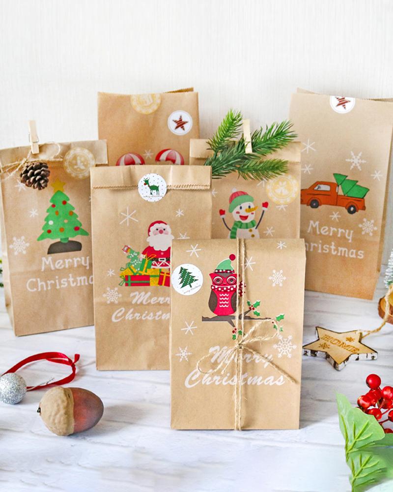 

12PCS/Set Christmas Print Kraft Paper Packaging Bag, Khaki