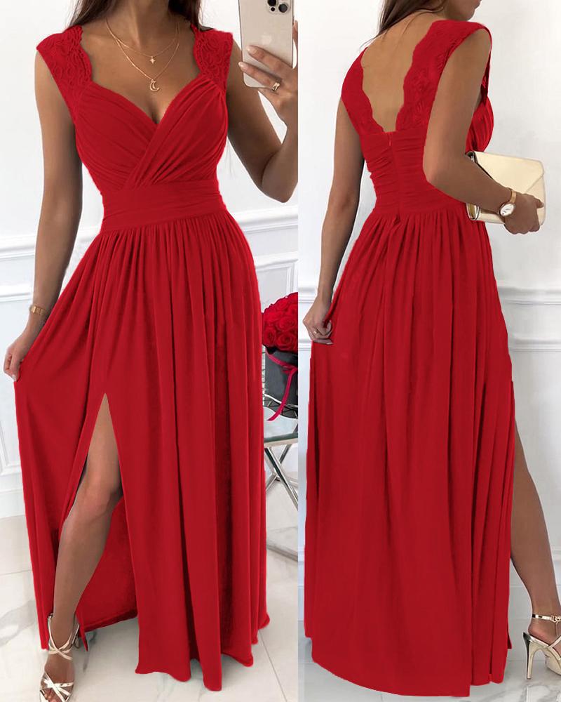 

High Slit Crochet Lace Ruched Evening Dress, Red