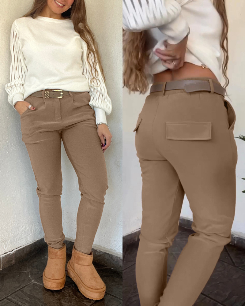 

Calça elástica acolchoada com cintura elástica e ajuste fino na panturrilha com bolso, Khaki