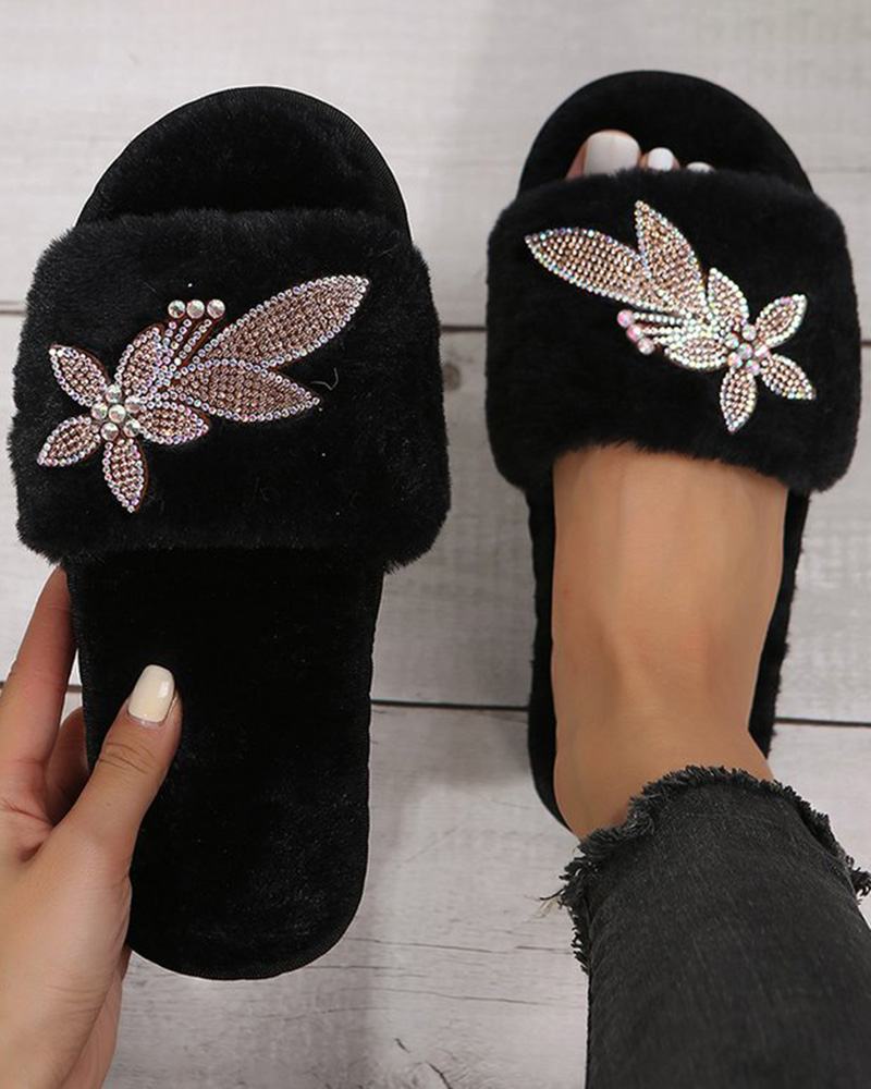 

Floral Pattern One Strap Fuzzy Slippers, Black