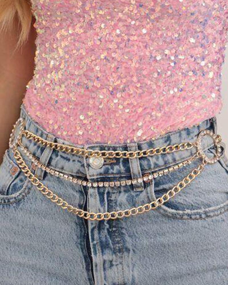 

1PCS Rhinestone Decor O-Ring Layered Waist Chain, Gold