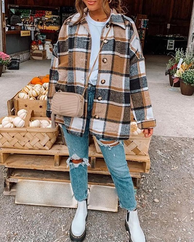 

Plaid Print Buttoned Long Sleeve Shacket, Brown