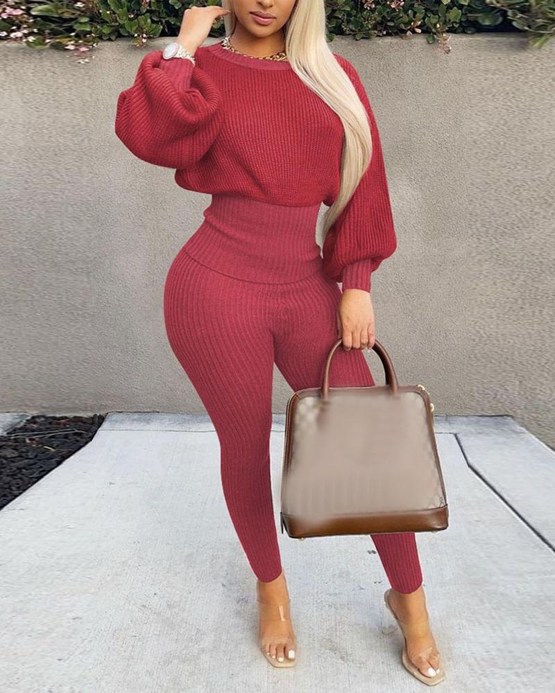 

Lantern Sleeve Sweater & Pants Set, Red