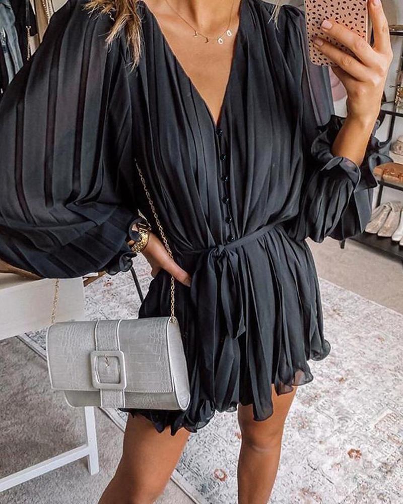 

Button Design Lantern Sleeve Pleated Dress, Black