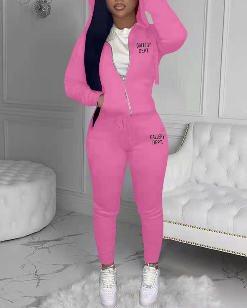

Letter Print Pocket Design Hoodie & High Waist Pants Set, Pink