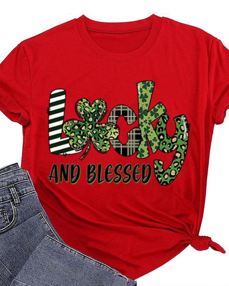 

St. Patrick' Day Letter Clover Print Casual T-shirt, Red