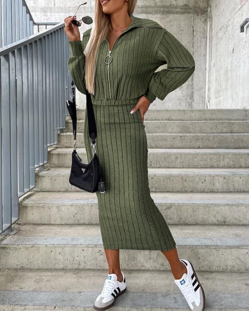 

Zipper Design Top & Sleeveless Dress Set, Army green