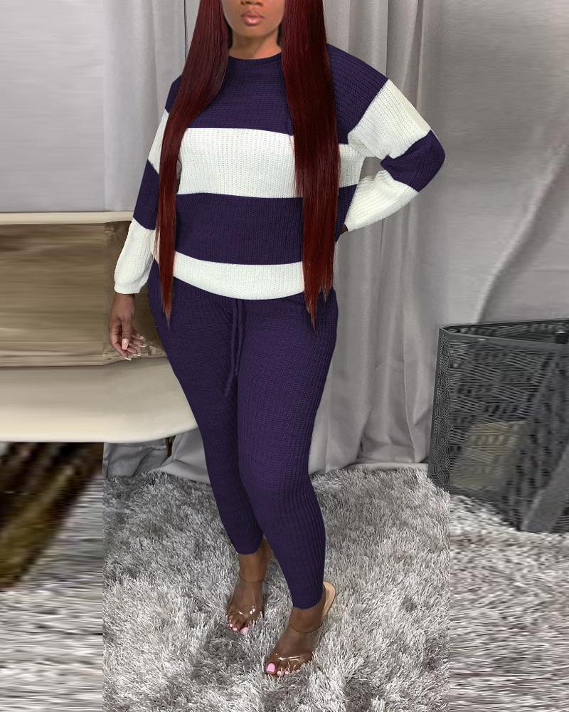 

Color Block Striped Long Sleeve Sweater & Pants Set, Purple