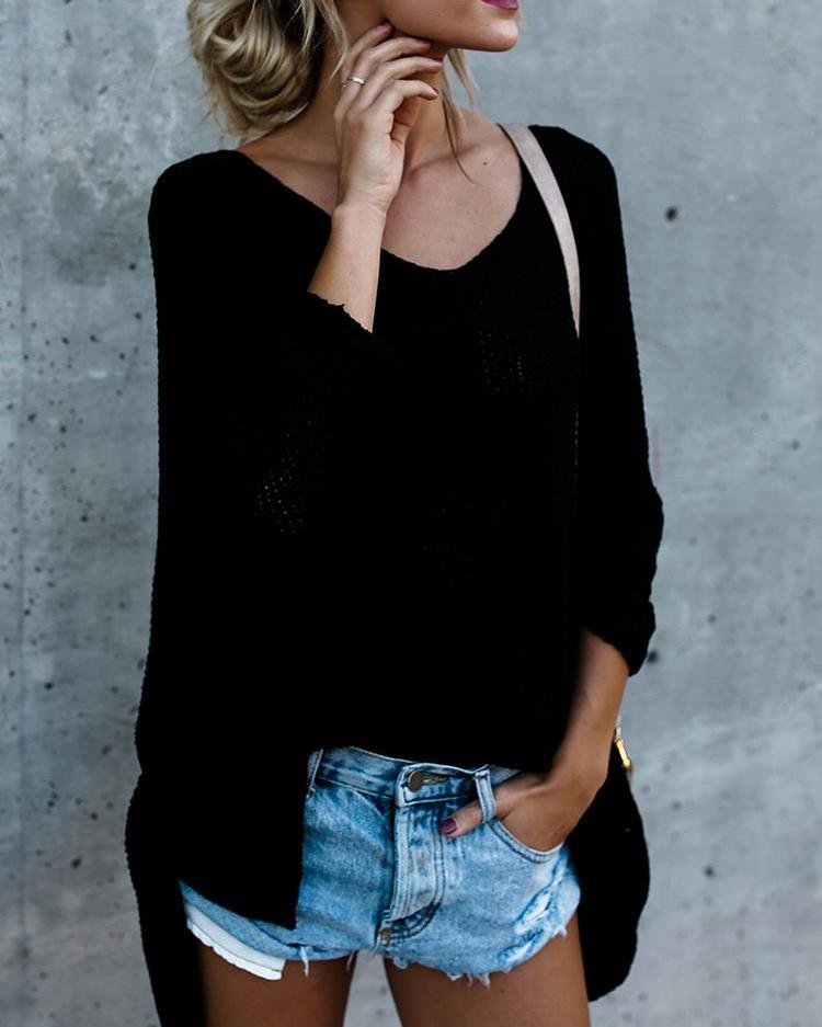 

Solid V Neck Knitted Casual Sweaters, Black