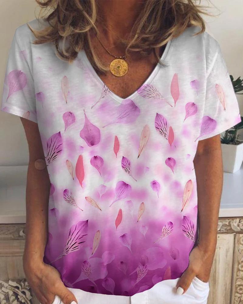 

Floral & Leafs Print Short Sleeve T-shirts, Purple