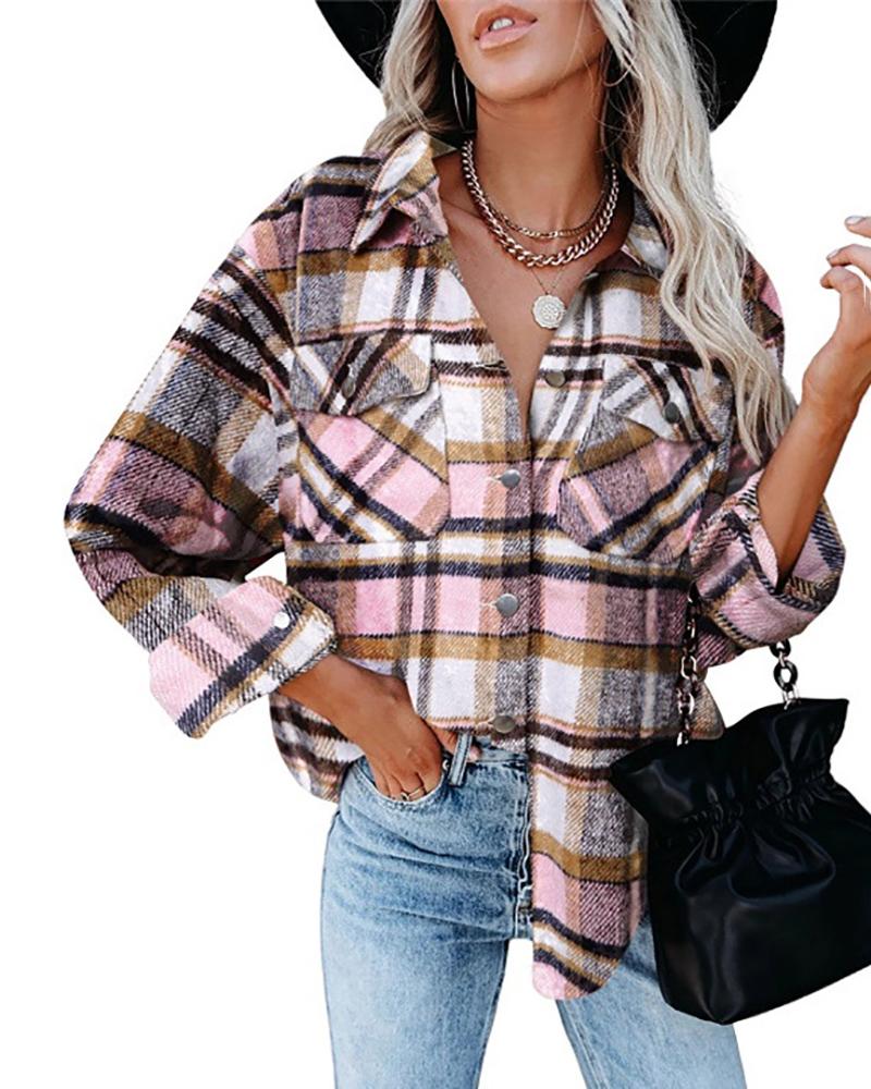 

Buttoned Pocket Design Plaid Print Top, Pink