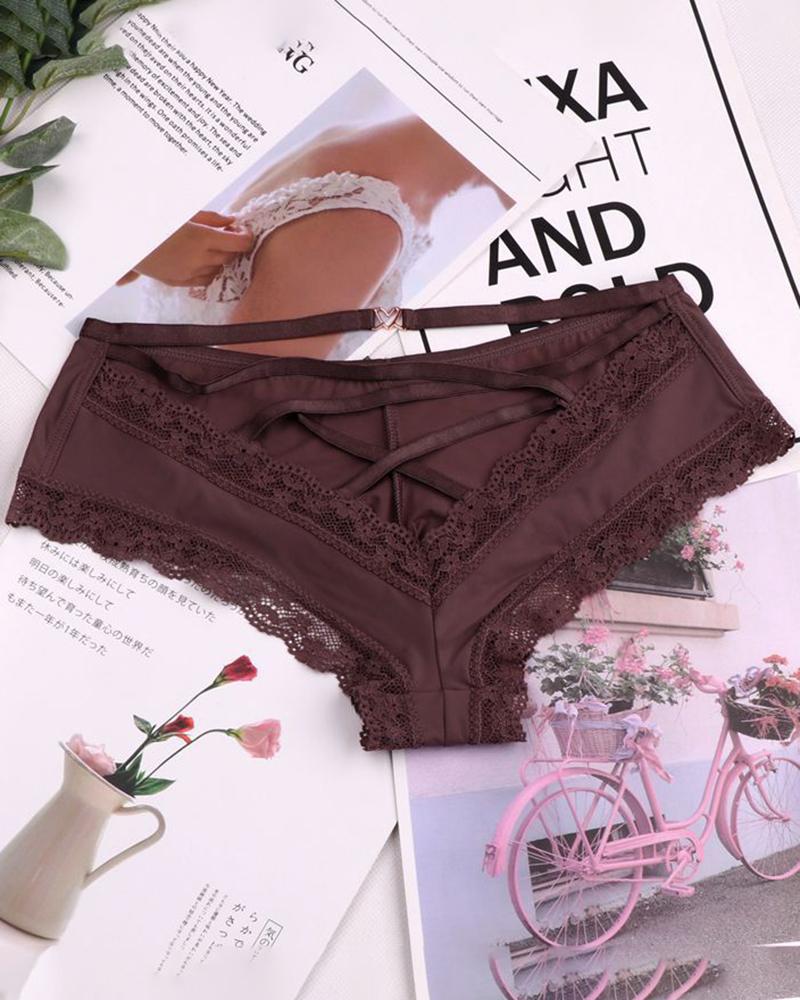

Crochet Lace Trim Low Waist Lace-up Skinny Panty, Coffee