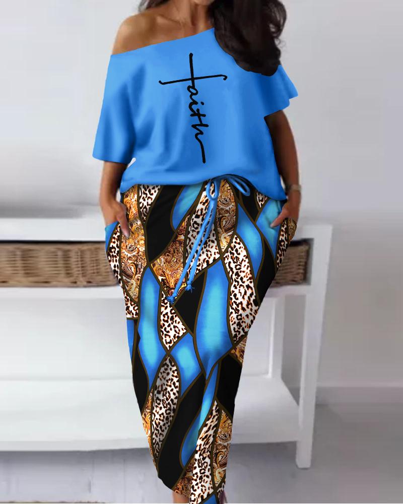 

Plus Size Faith Baroque Leopard Print Skew Neck Top & Drawstring Skirt Set, Blue