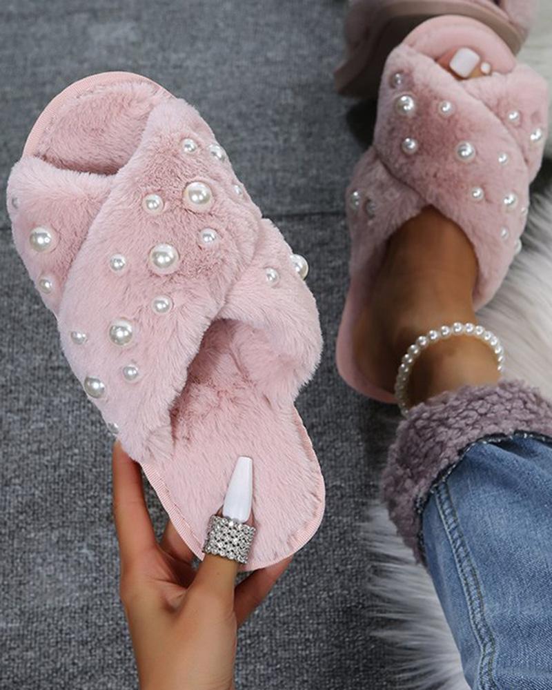 

Pearls Cross Strap Fuzzy Slippers, Pink
