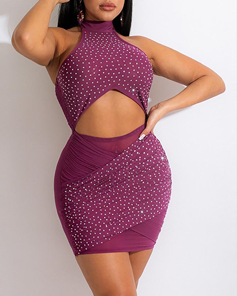 

Rhinestone Sleeveless Cutout Front Ruched Bodycon Dress, Purple