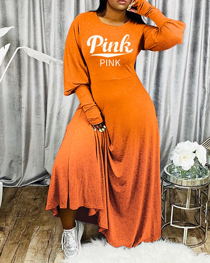 

Gigot Sleeve Letter Print Maxi Dress, Orange