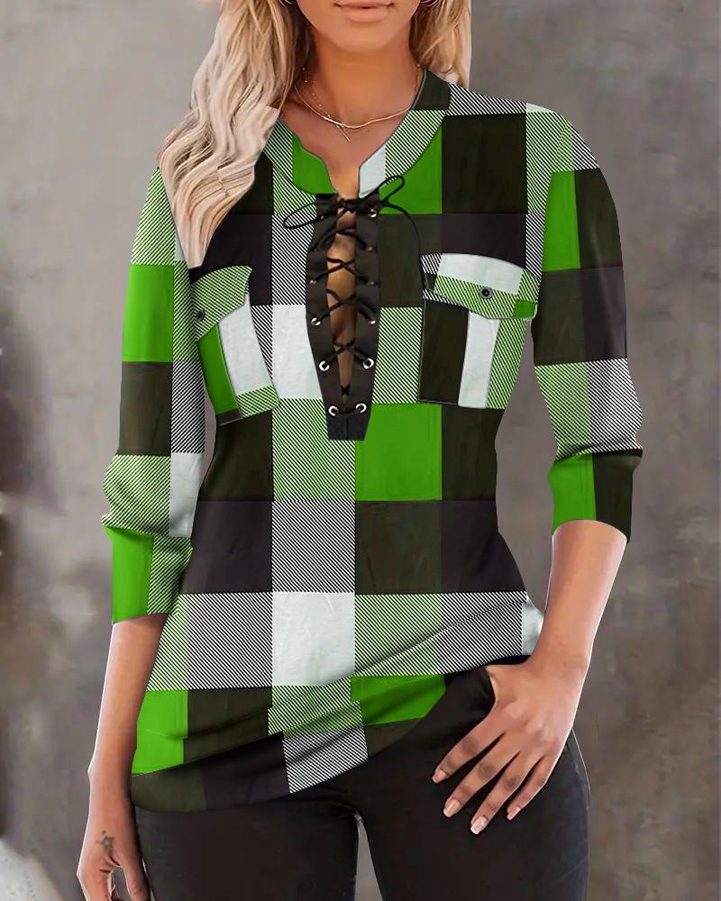 

Plaid Print Colorblock Eyelet Lace-up Stand Collar Top, Green