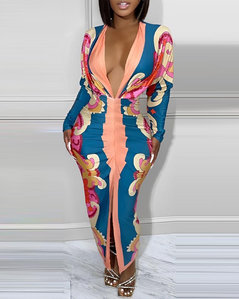 

Graphic Print Plunging Neck Ruched Party Dress, Blue