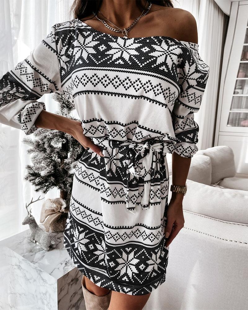 

Christmas Snowflake Elk Print Belted Long Sleeve Dress, White