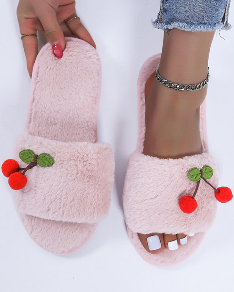 

Cheery Pattern One Strap Fuzzy Slippers, Pink