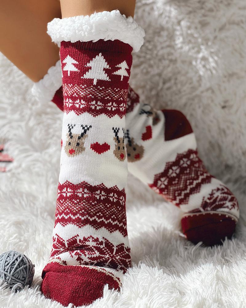 

1Pair Christmas Reindeer Snowflake Thermal Fleece Lined Crew Socks, Wine red