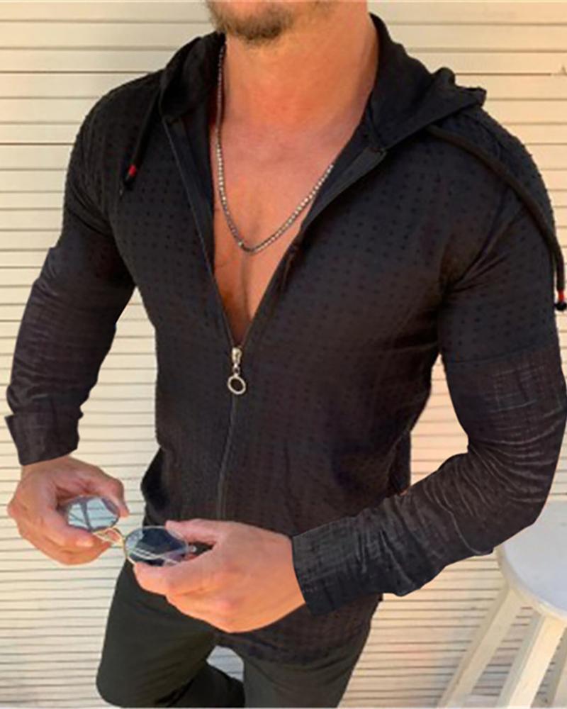 

Men Zipper Design Long Sleeve Hooded Casual Shirt, Black