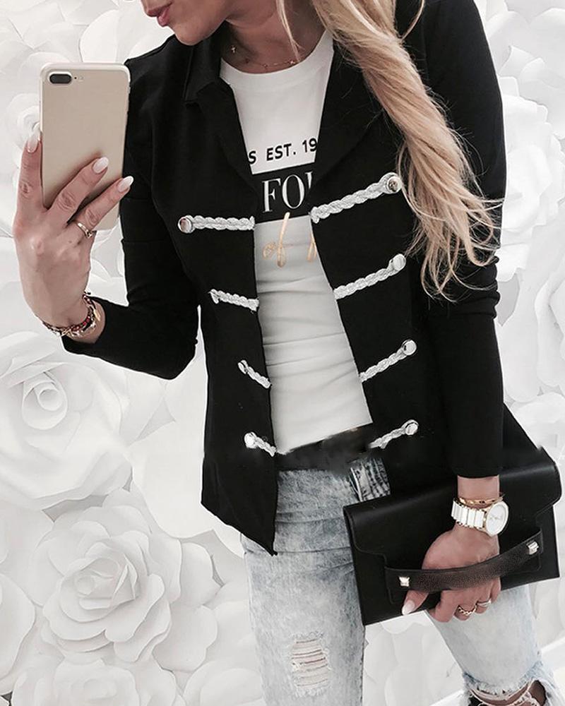 

Button Rope Design Long Sleeve Coat, Black