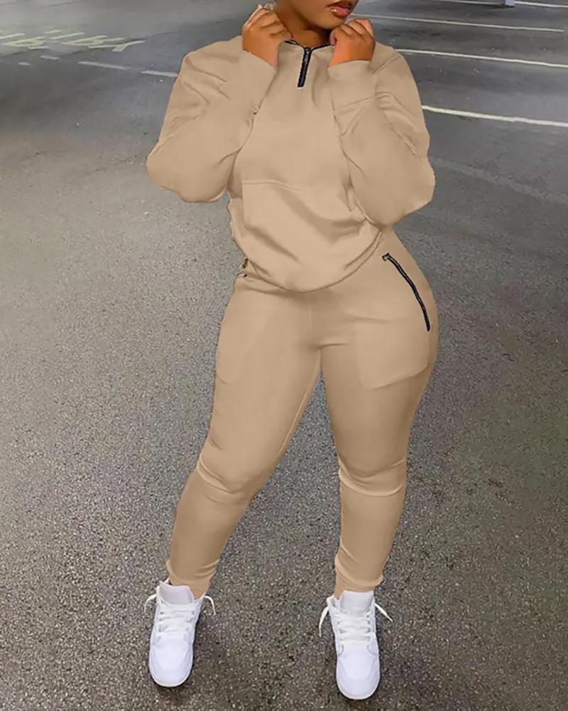 

Zipper Pocket Design Top & High Waist Pants Set, Khaki