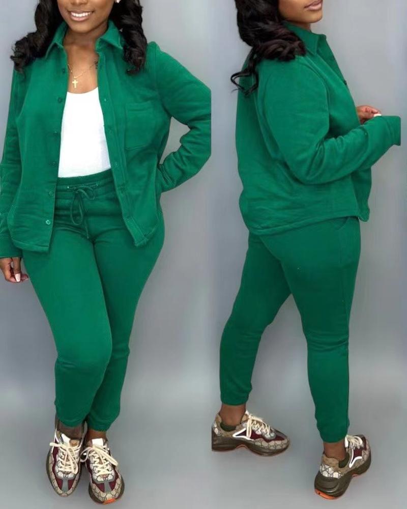 

Long Sleeve Buttoned Top & Drawstring Pants Set, Green