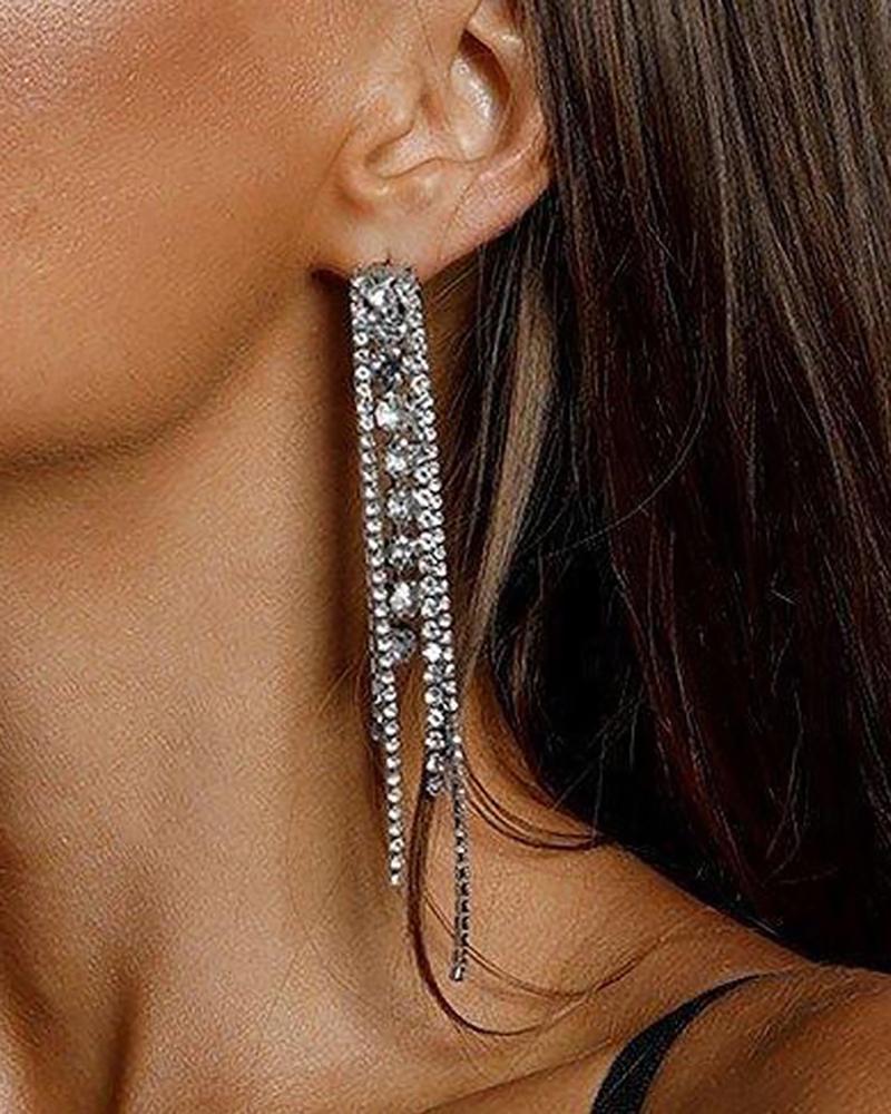 

1Pair Rhinestone Tassel Drop Earrings, Silver