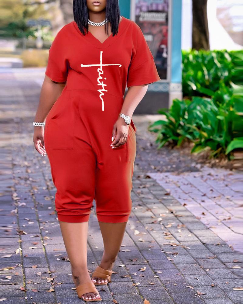 

Letter Print Pocket Detail V-Neck Jumpsuit, Red