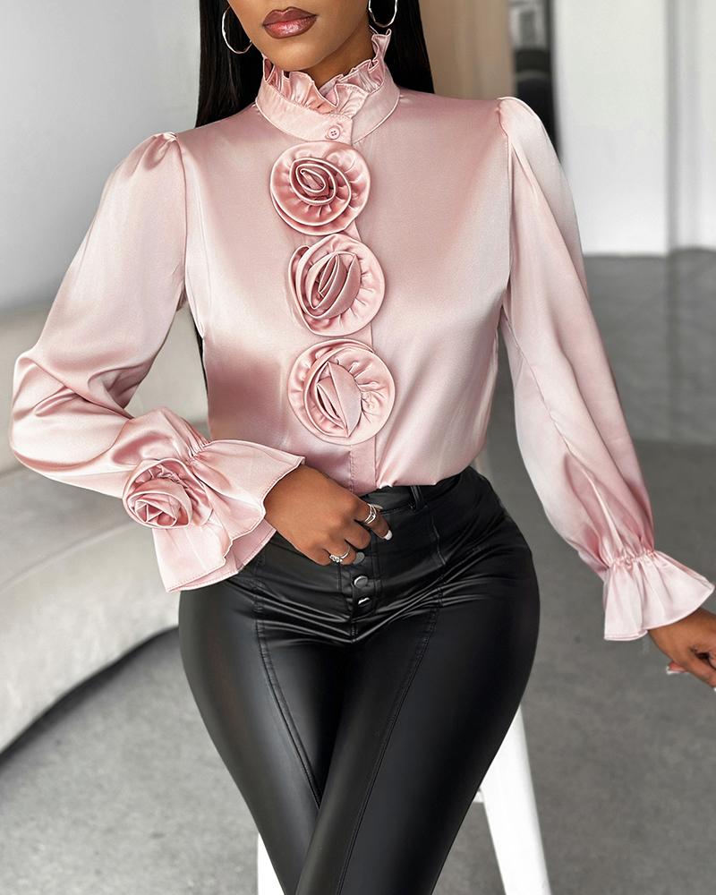 

Rose Detail Frill Hem Bell Sleeve Top, Pink