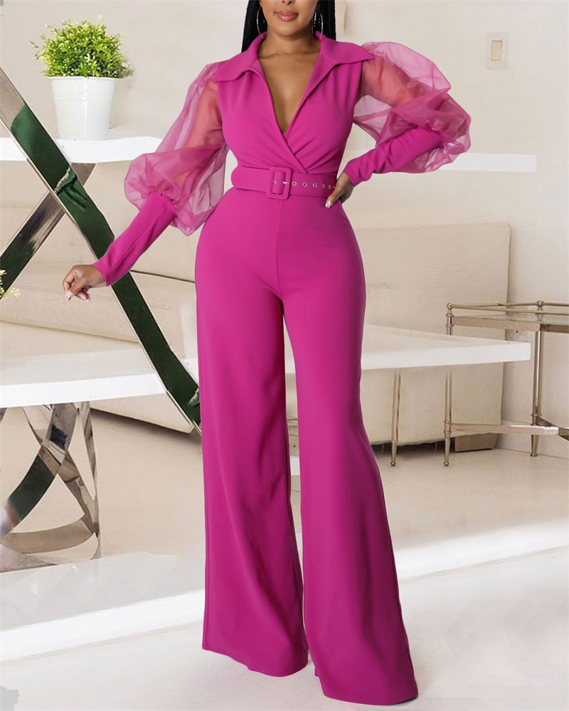 

Contrast Mesh Puff Sleeve Belted Jumpsuit, Hot pink