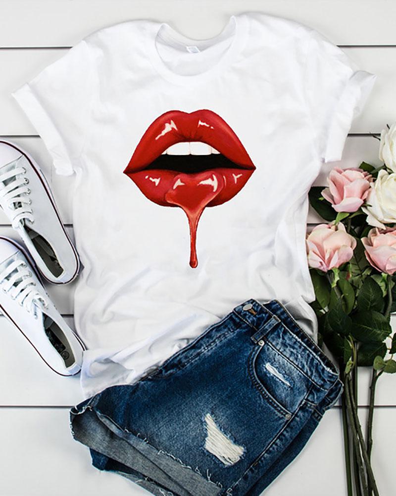 

Lip Letter Print Short Sleeve O Neck Leisure T-shirt, Style2