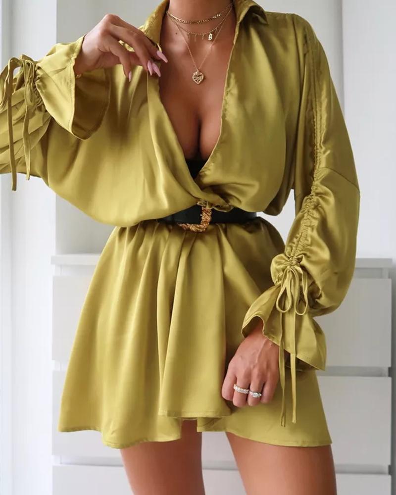 

Drawstring Ruched Flounce Sleeve Shirt Dress, Style1