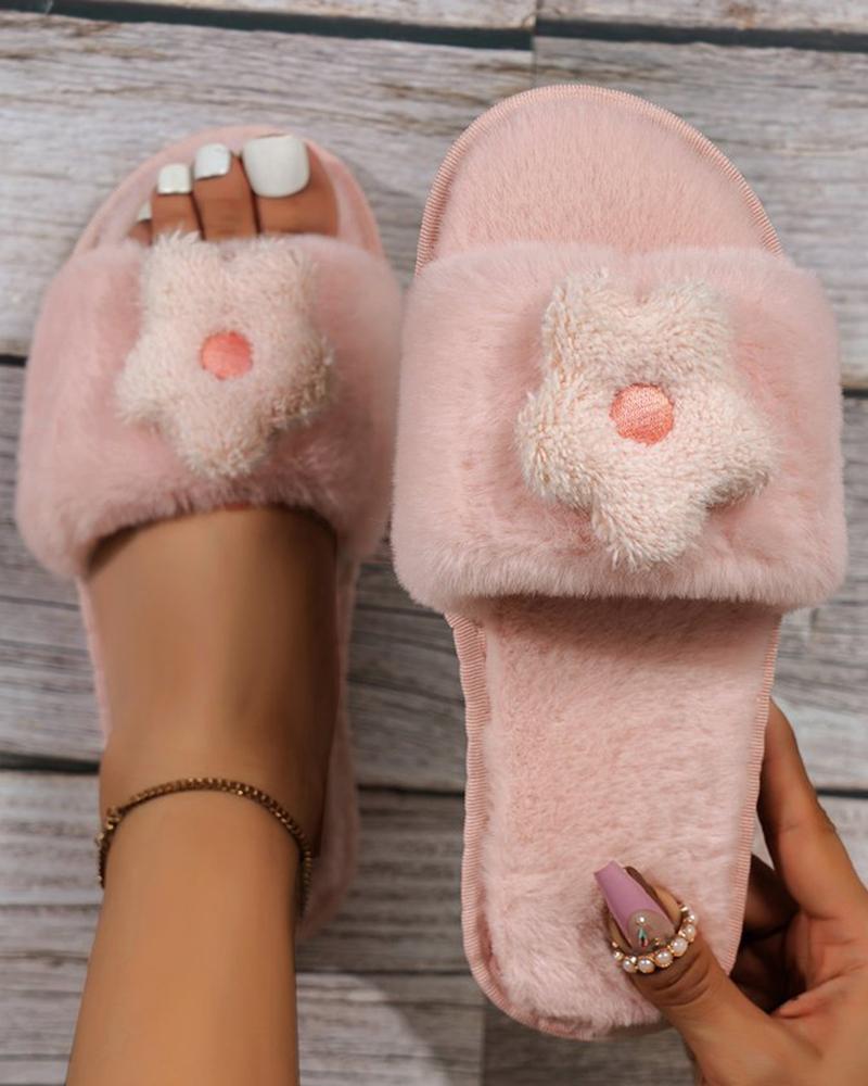 

Floral Pattern Fuzzy Slippers, Pink