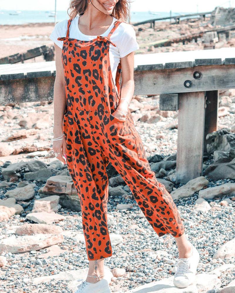 

Leopard Print Sleeveless Pocket Design Jumpsuit, Orange