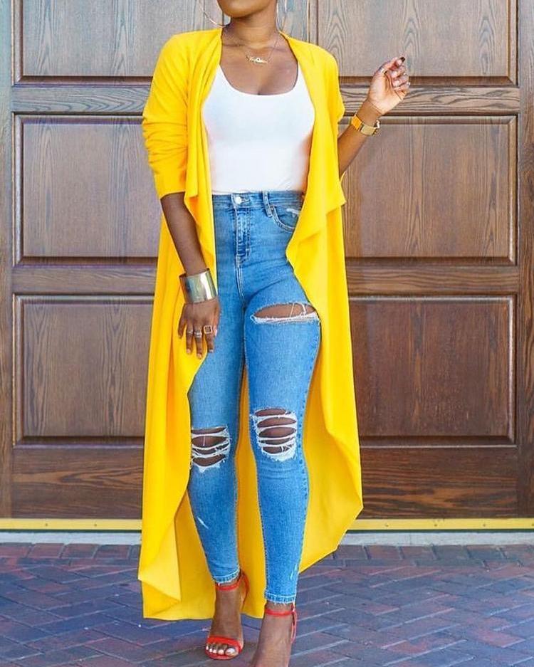

Irregular Solid Drape Collar Open Front Coat, Yellow