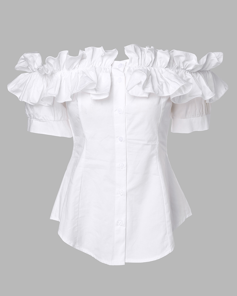 

Off Shoulder Layered Ruffles Button-down Asymmetrical Hem Top, White