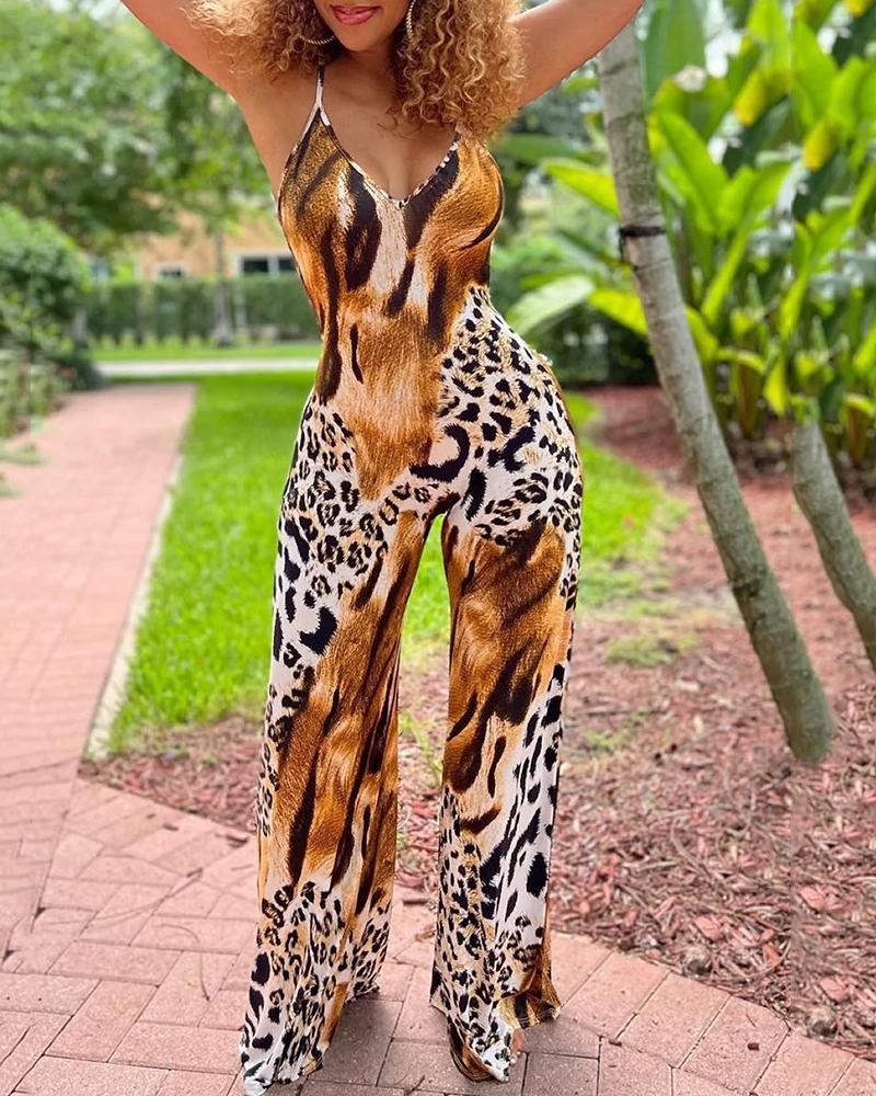 

Animal Cheetah Print Backless Jumpsuit, Multicolor