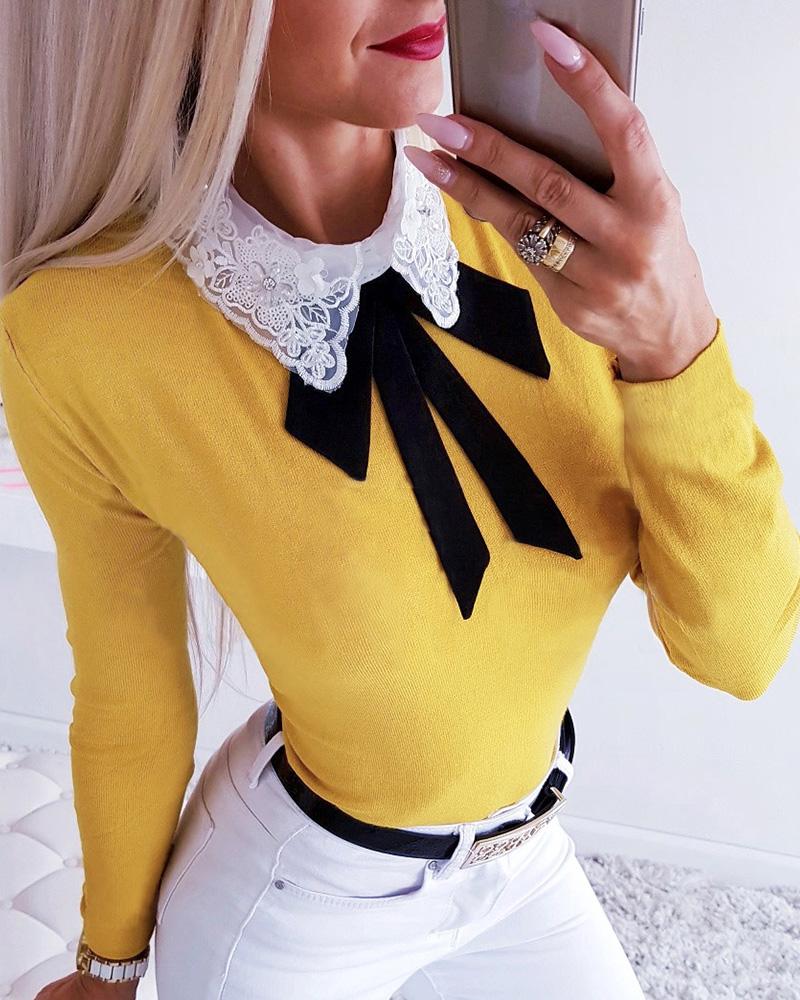

Crochet Lace Insert Bowknot Long Sleeve Blouse, Yellow