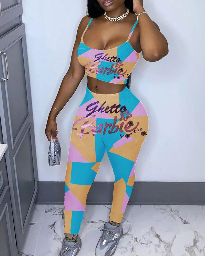 

Letter / Slogan / Leaf Print Crop Top & High Waist Pants Set, Style1
