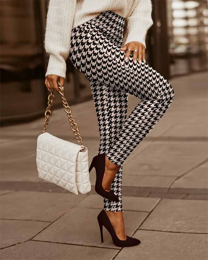 

Houndstooth Print High Waist Skinny Pants, Black&white